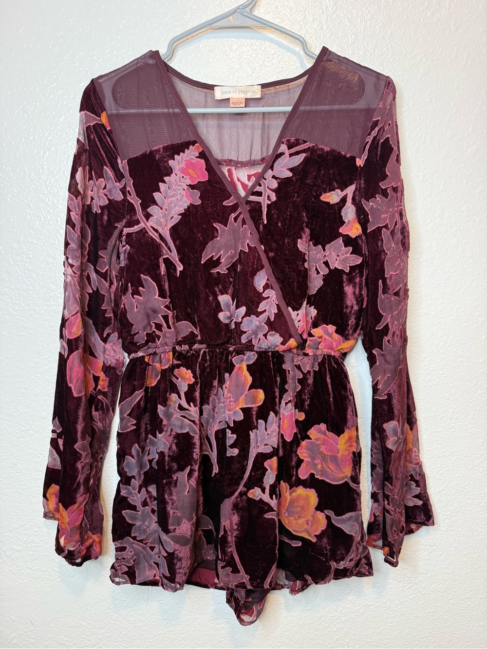 Band of Gypsies Floral Burgundy Velvet Burnout Long Sleeve Romper Size S Fairy